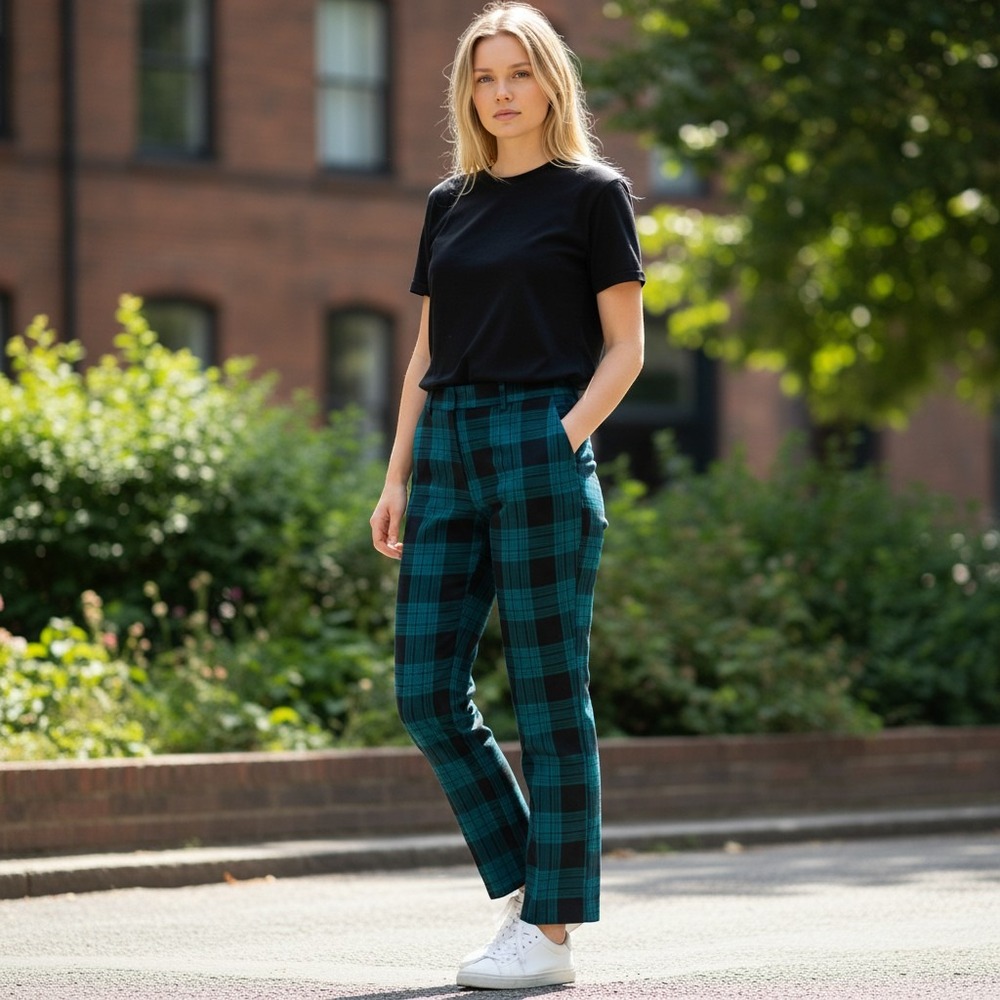 Free Assembly Green Black Plaid High Waisted Straight Leg Trousers Size 2
